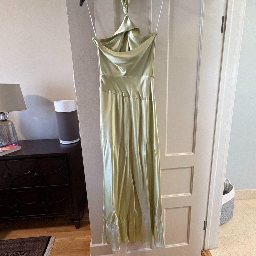 Vintage Y2K Sage Green Satin Halter Gown – Draped Cowl Neck Formal – Old Hollywo - Picture 5 of 6